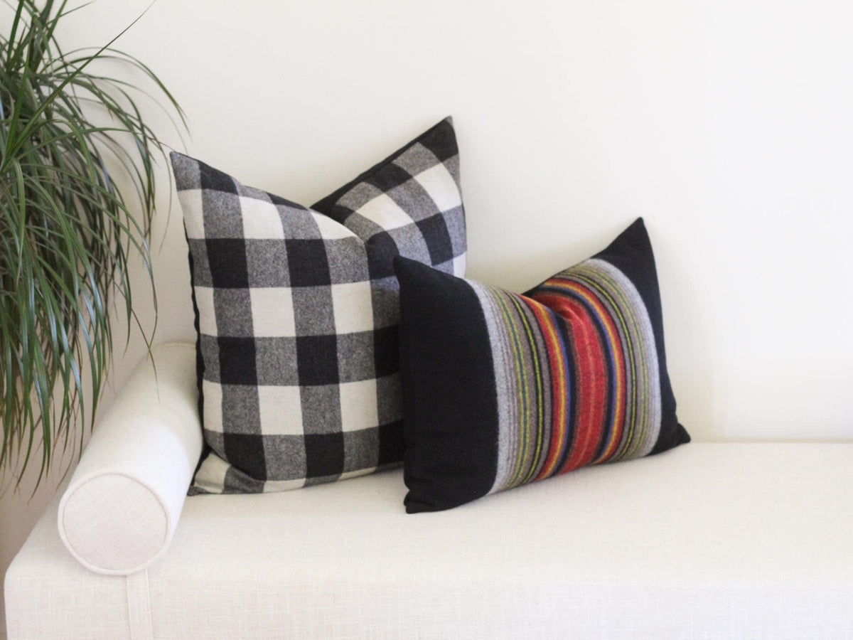 Two decorative throw pillows. One is a square pillow featuring a black and white buffalo check pattern. The second is a rectangular pillow with solid black sides and a central vertical panel of multicolored stripes in red, blue, and yellow.