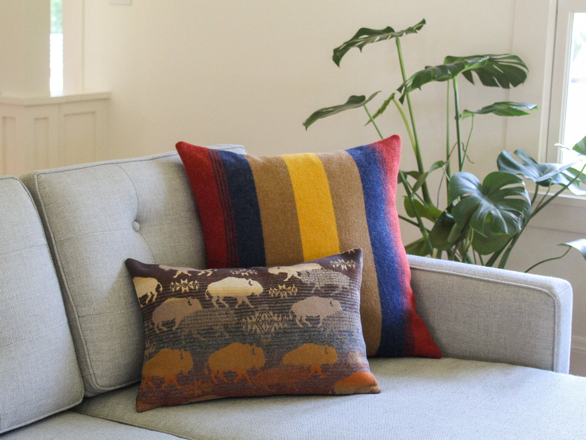 A gray sofa with two wool throw pillows. The larger pillow has a red, blue, and yellow striped pattern. The smaller pillow has a brown and tan pattern with a repeating image of a buffalo.