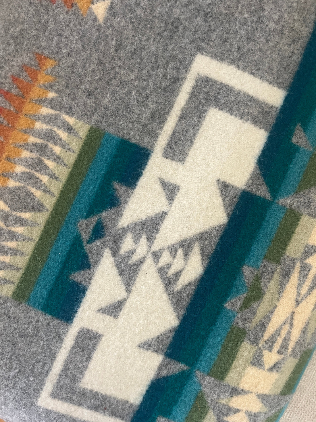 Closeup photo of Pendleton's Chief Joseph pattern in Grey
