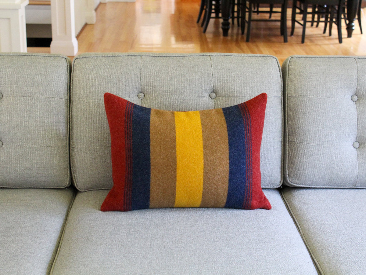 A gray couch with a striped throw pillow in red, yellow, brown, and blue. The pillow is on the couch with the couch's back cushions behind it.
