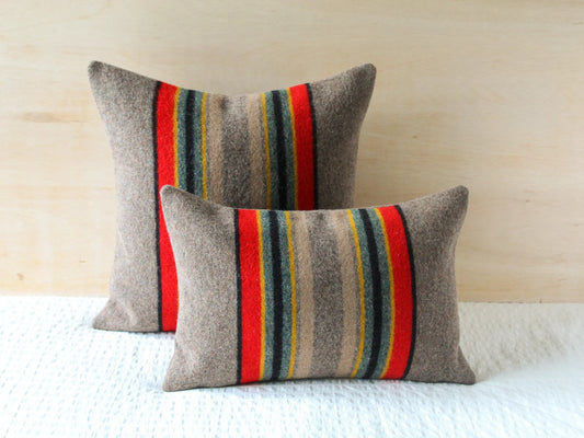 Two pillow covers, one square and one lumbar, in Yakima Mineral Umber blanket weight Pendleton wool